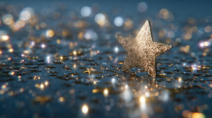 Golden Star Floating in Navy Glitter Galaxy Sparkles