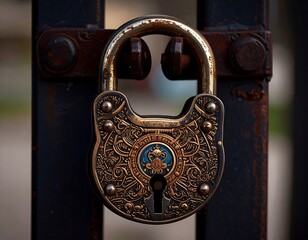 Ornate padlock on metal fence