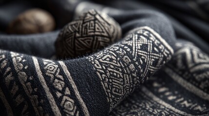 Detailed shot of a richly patterned fabric with rustic stone ornaments