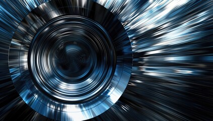 Abstract image depicting a swirling, concentric circle pattern in shades of blue and gray, radiating outward with a blurred, motion effect.  The central area is dark, creating depth