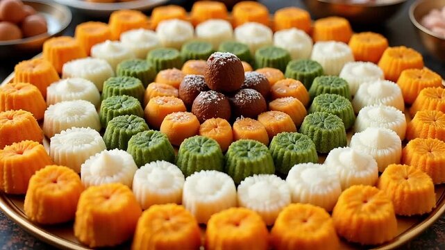Delicious Indian sweets assortment arranged artistically for festive occasions, perfect for Diwali celebrations and cultural food presentations