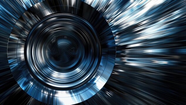 Abstract image depicting a swirling, concentric circle pattern in shades of blue and gray, radiating outward with a blurred, motion effect.  The central area is dark, creating depth