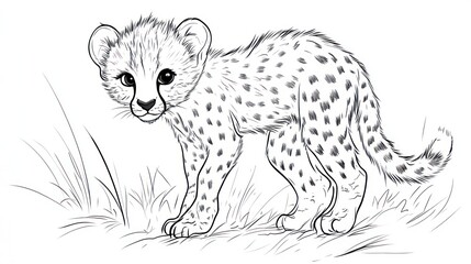 Cheetah cub illustration monochrome standing in grass with spots and texture