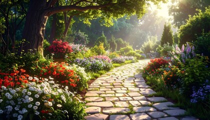 Sunlit garden path through vibrant flowers