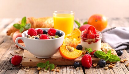 A vibrant breakfast spread featuring a bowl of cereal with berries, fruit slices, yogurt with strawberries, croissant, and juice, on a rustic wooden surface