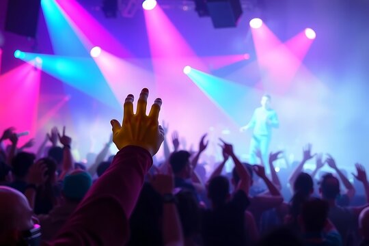 Generative AI concert crowd raising hands in the air during a vibrant performance.