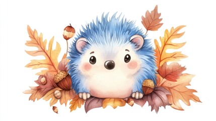 Watercolor hedgehog illustration with autumn leaves and acorns isolated