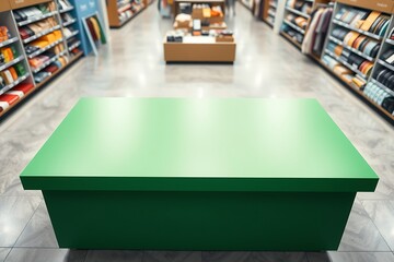 Generative AI empty green display table in retail store setting.