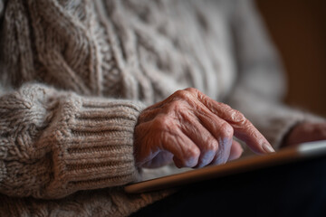 Elderly woman hand using digital tablet touchscreen close up