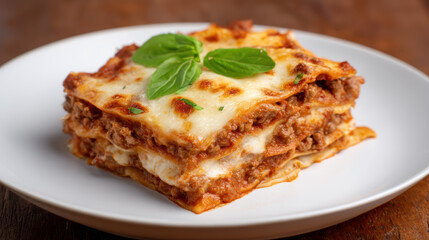 A delicious serving of lasagna, layered with meat, cheese, and herbs, garnished with fresh basil on a simple white plate.