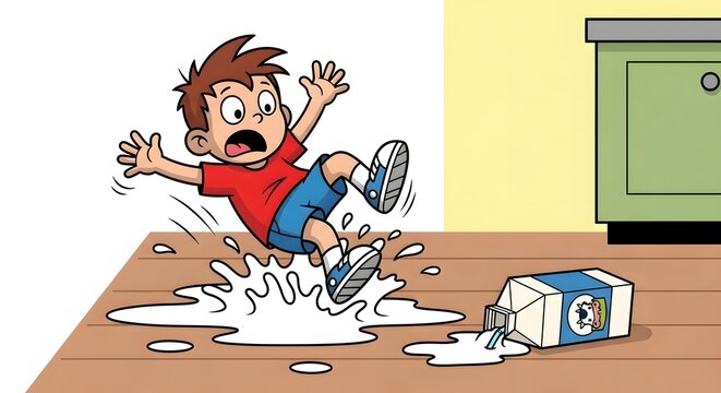 A startled cartoon boy slips on spilled milk from an overturned carton on a wooden floor, causing a mess indoors