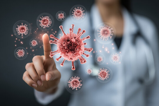 Doctor touching abstract virus cells digital screen medical research health care