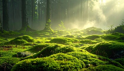 Sunlit mossy forest floor