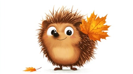 Cute hedgehog character with autumn leaf cartoon style illustration