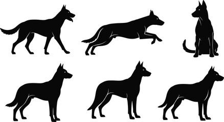 "Silhouettes of German Shepherd Dogs in Six Dynamic Poses for Canine Movement, Breed Identity, and Animal Illustration Design"