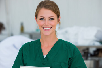 Smiling young female doctor green scrubs medical professional health care portrait