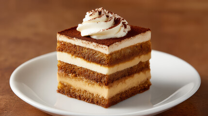 A delicious slice of tiramisu featuring layers of coffee-soaked cake and creamy mascarpone topped with whipped cream.