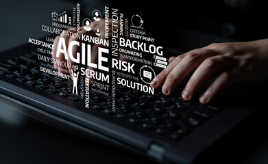A close-up view of hands typing on a laptop with a graphic overlay of agile terms. This image encapsulates key aspects of modern project management in software. Tessel