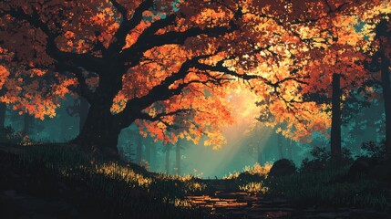 Enchanting Autumnal Forest Path with Sunlit Canopy and Mystical Ambience