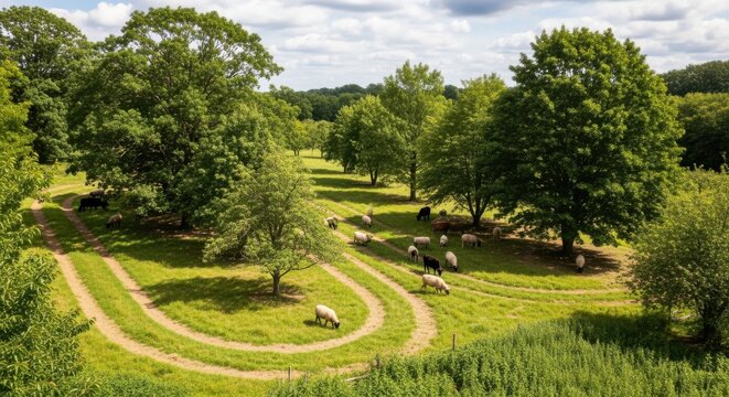 Medium frame capturing rotational grazing patterns among tree clusters emphasizing ecosystem resilience and carbon sequestration in permaculture silvopasture systems.