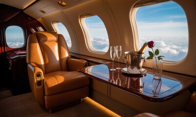 Luxurious private jet cabin with champagne