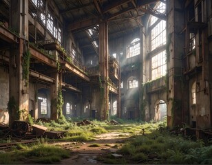 Sunlit overgrown factory interior