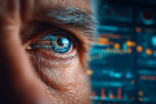 Close up male eye reflects digital interface data screen