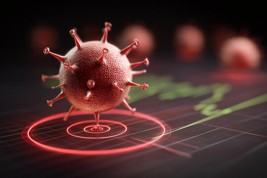 Microscopic red virus organism stands on chart data surface