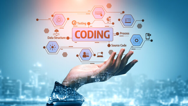 Visual representation of coding and software concepts using hands, depicting data structure, process management, and testing in a vibrant city background. Tessel - Powered by Adobe