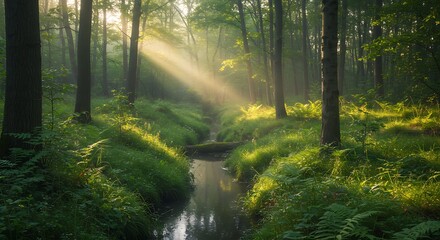 Obraz premium Sunlight streams through forest trees illuminating a serene woodland scene