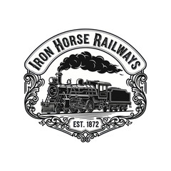 Vintage illustration of an old steam locomotive with smoke billowing from its stack, set within an ornate frame, with "Iron Horse Railways" and "EST. 1872" text. © art.Co