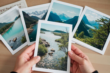 Caucasian young adult hands holding landscape photograph with four additional scenic mountain and lake photos spread on wooden surface, showcasing nature photography collection