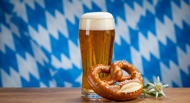 Beer glass with pretzel and bavarian flag background for oktoberfest celebration