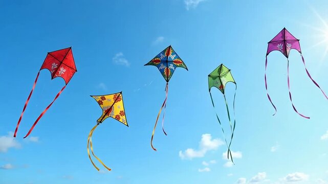 Colorful kites dance in the bright blue sky, a joyful celebration of summer fun and carefree moments perfect for family adventures and outdoor escapades