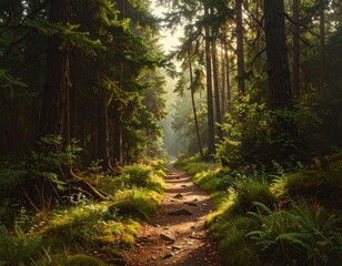 Sunlit path through a dense forest