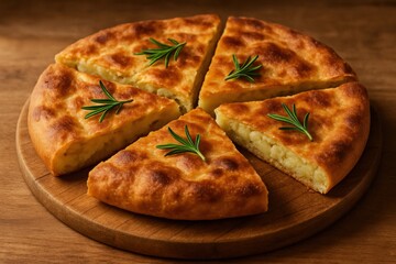 Golden baked Ossetian pie stuffed with potato, cut into slices and garnished with herbs, representing Caucasian and Ossetian cuisine traditions.
