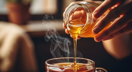 Close-up shot of a person pouring honey from a jar into a cup of tea, creating a warm and inviting scene.