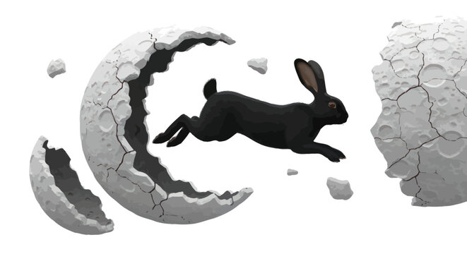 Lunar Leap: A black rabbit escapes a crumbling moon in a celestial journey - Powered by Adobe