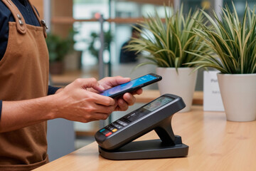 Fototapeta premium Man holding smartphone making contactless payment at point of sale terminal in modern indoor setting, standing at counter with plants in background