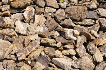 Natural stone wall composed of various sizes and shapes of rocks, showcasing earthy tones and textures, ideal for backgrounds or construction material concepts