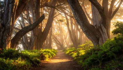 Sunlit path through ancient trees (1)