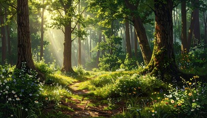 Sunlit path through a vibrant forest