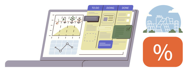 Laptop displaying analytics, charts, and a kanban board for task tracking. Nearby are a cityscape and a percentage icon. Ideal for productivity tools, workflow, planning, organization, teamwork data