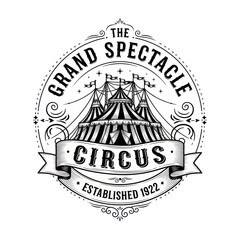 Vintage black and white circus logo with a grand spectacle tent and decorative banner, established 1922. © art.Co
