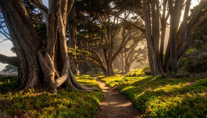 Sunlit path through ancient trees