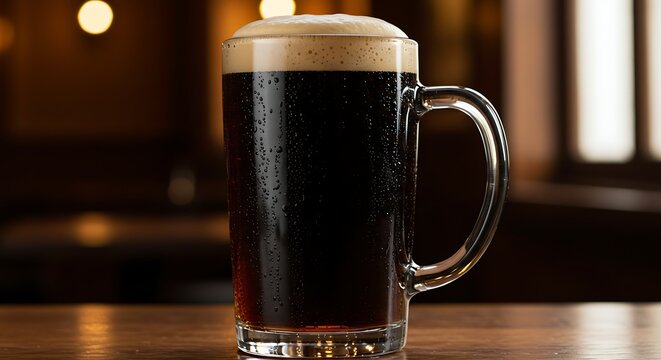 Dark beer mug on wooden table with foam in warm lighting - Powered by Adobe