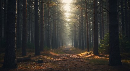 Obraz premium Sunlit forest path through tall trees nature landscape