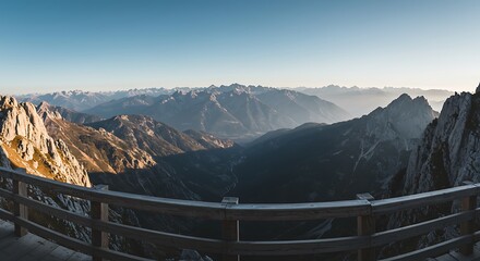 Panoramic view of mountain range from wooden railing under clear blue sky
