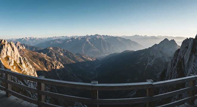 Panoramic view of mountain range from wooden railing under clear blue sky - Powered by Adobe