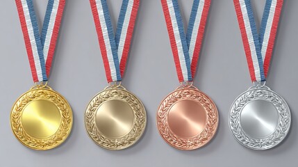 Gold silver bronze rose medals with ribbons